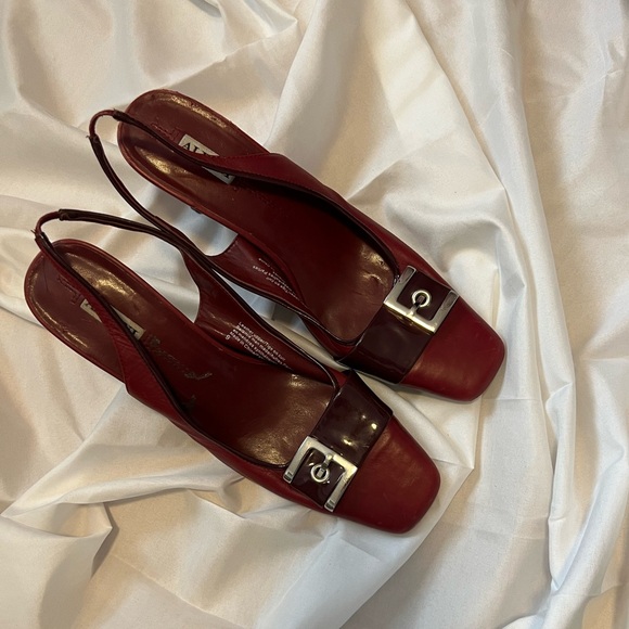 Shoes - Vintage Square Toe Red Kitten Heels with Buckle